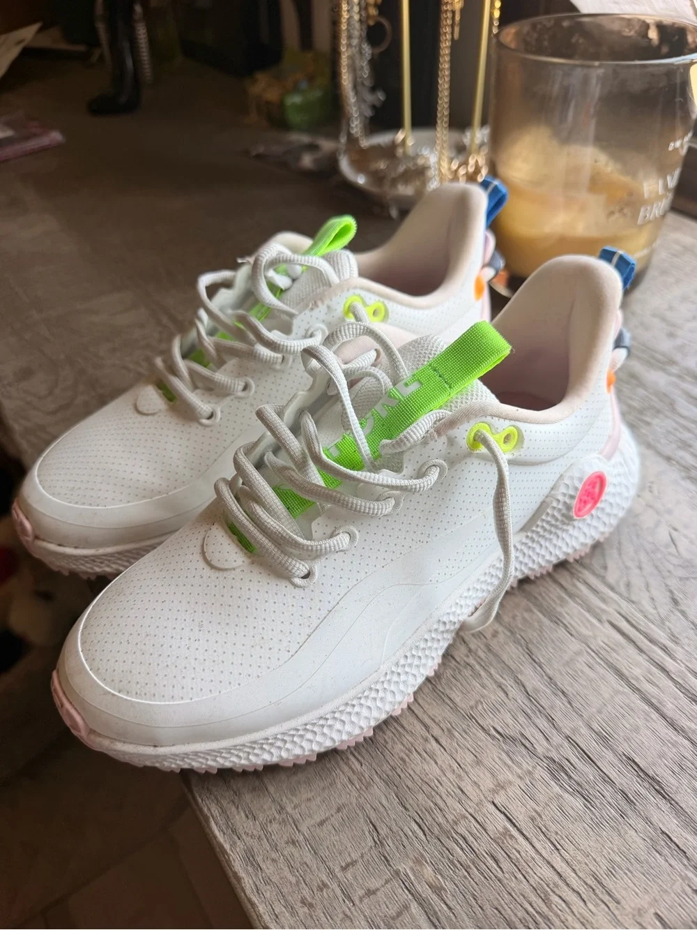 G/FORE Kids White Sneakers with Pink, Neon Green, Blue & Orange Accents